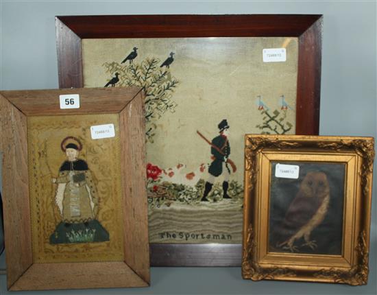 Featherwork picture of an owl, an applique picture of St Peter and a Sportsman sampler, all framed